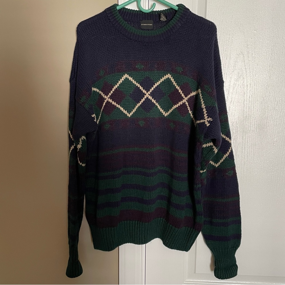 Vintage 90s Structure Men’s Knitted Multicolor Patterned Sweater. Size XL.